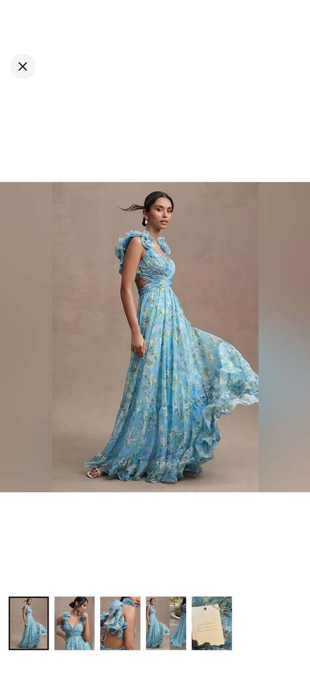 Mac Duggal Blue Indy Ruffle Tiered Floral Chiffon Gown Dress Size 16